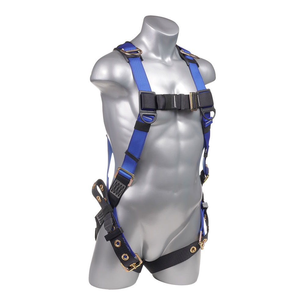Mako™ Series Harness 5pt., Back and Shoulder D-Rings, Tongue and Buckle Leg Straps, Blue