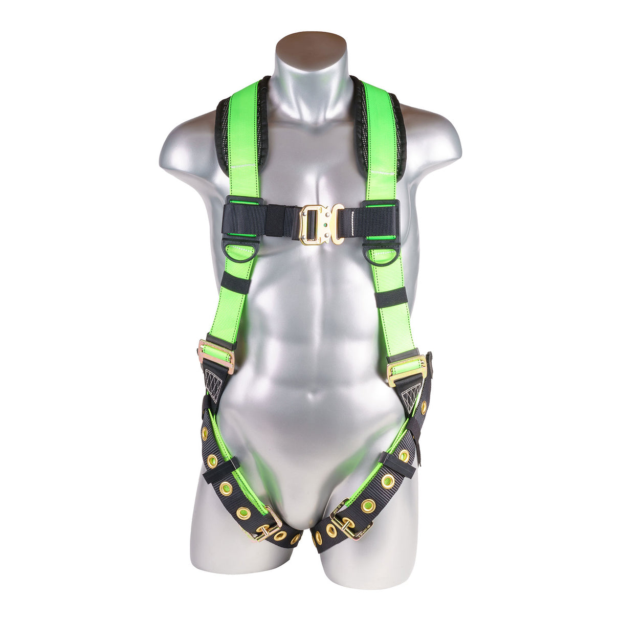 Harness 5pt., Padded Back, Back D-Ring, QCB Chest, Tongue and Buckle Leg Straps, High Vis Green