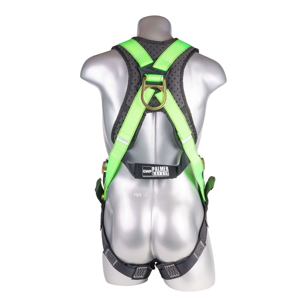 Harness 5pt., Padded Back, Back D-Ring, QCB Chest, Tongue and Buckle Leg Straps,  High Vis Green