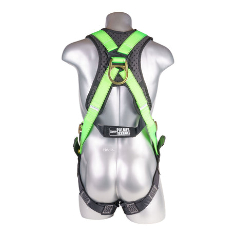 Harness 5pt., Padded Back, Back D-Ring, QCB Chest, Tongue and Buckle Leg Straps,  High Vis Green