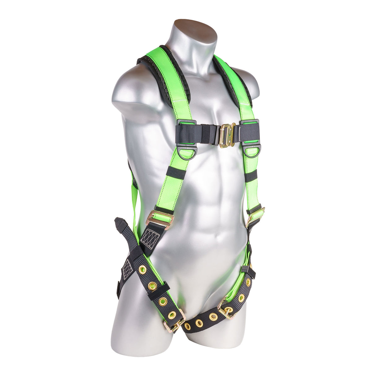 Harness 5pt., Padded Back, Back D-Ring, QCB Chest, Tongue and Buckle Leg Straps,  High Vis Green
