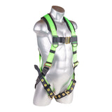 Harness 5pt., Padded Back, Back D-Ring, QCB Chest, Tongue and Buckle Leg Straps,  High Vis Green